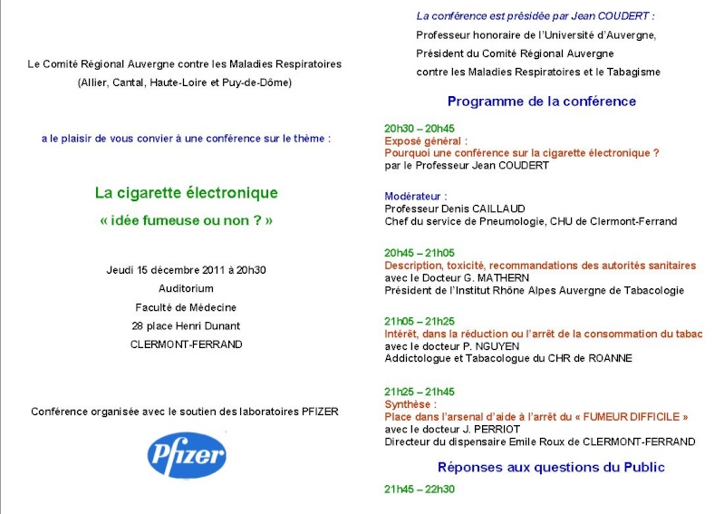 Le Comité Régional Auvergne contre les maladies respiratoire et le tabagisme organise une conférence intitulée La cigarette électronique